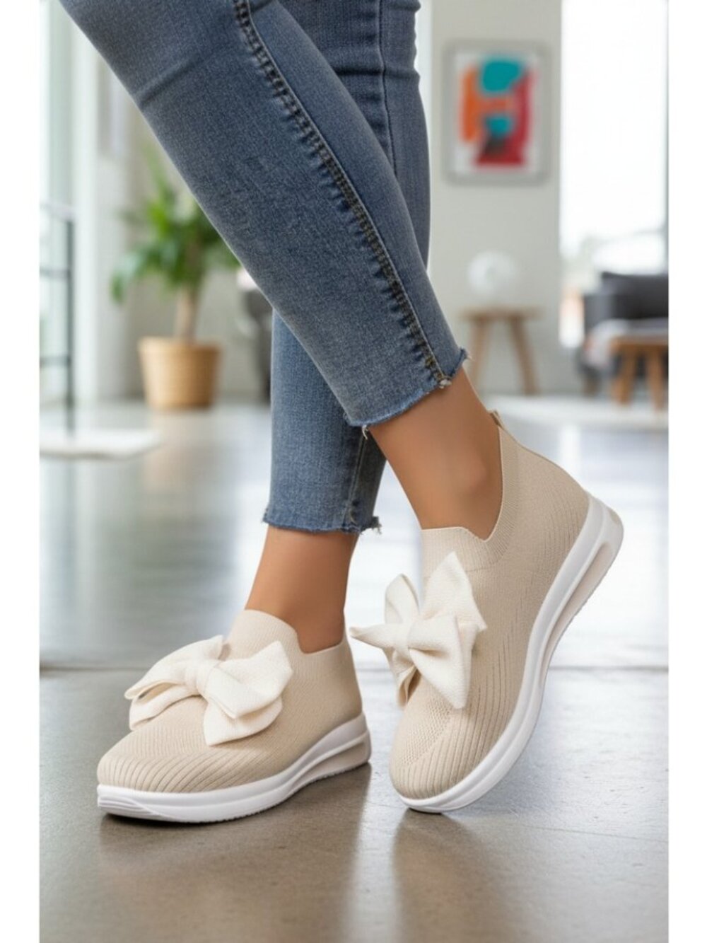 Oversized Bow Knit Slip-On Sneakers Breathable Round Toe Cute Athleisure Shoes